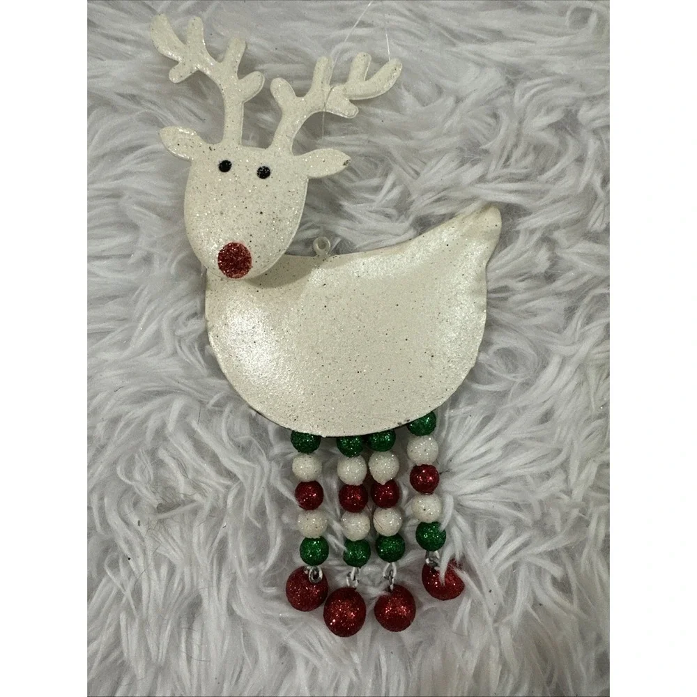 Vintage Pier 1 White Glitter Reindeer Bobble Head Red And White Dangle Legs